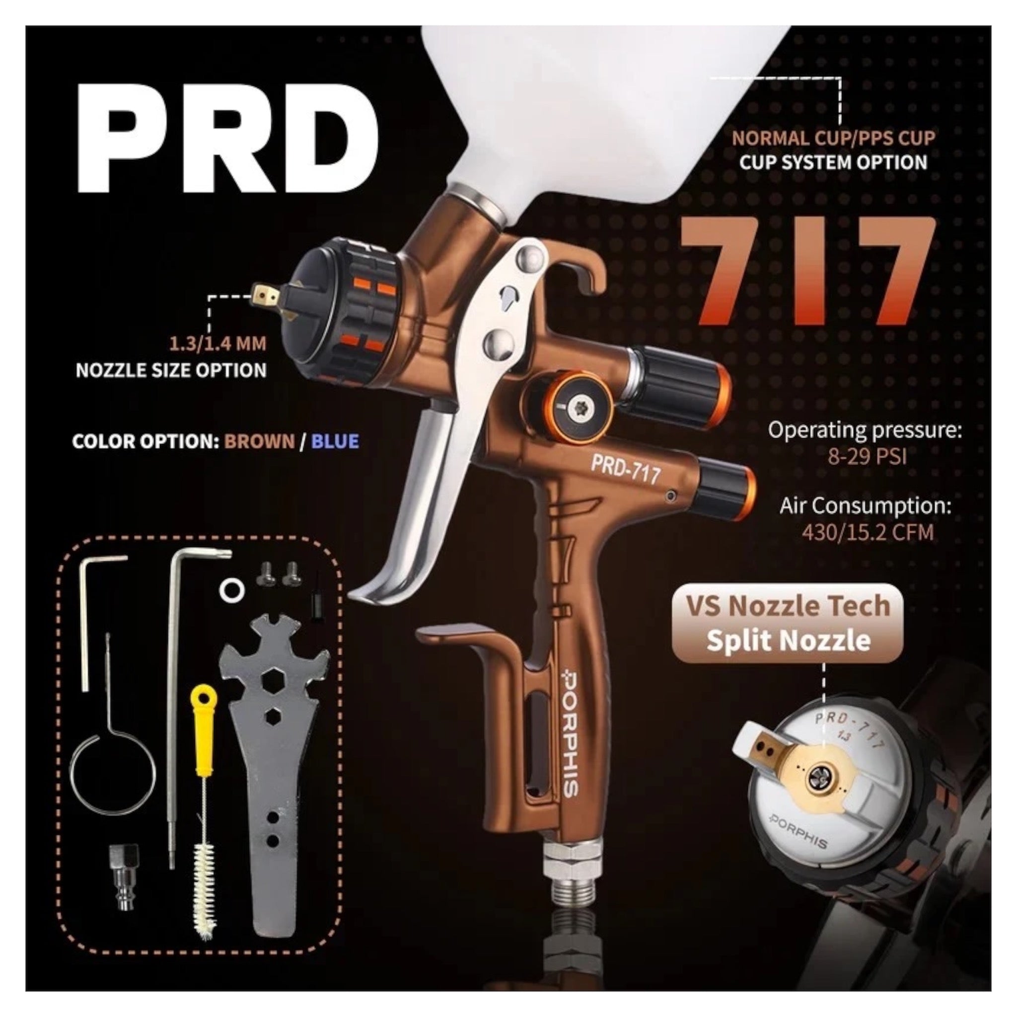 PORPHIS PRD-717 SPRAY GUN 1.3MM VS SPLIT NOZZLE - BROWN