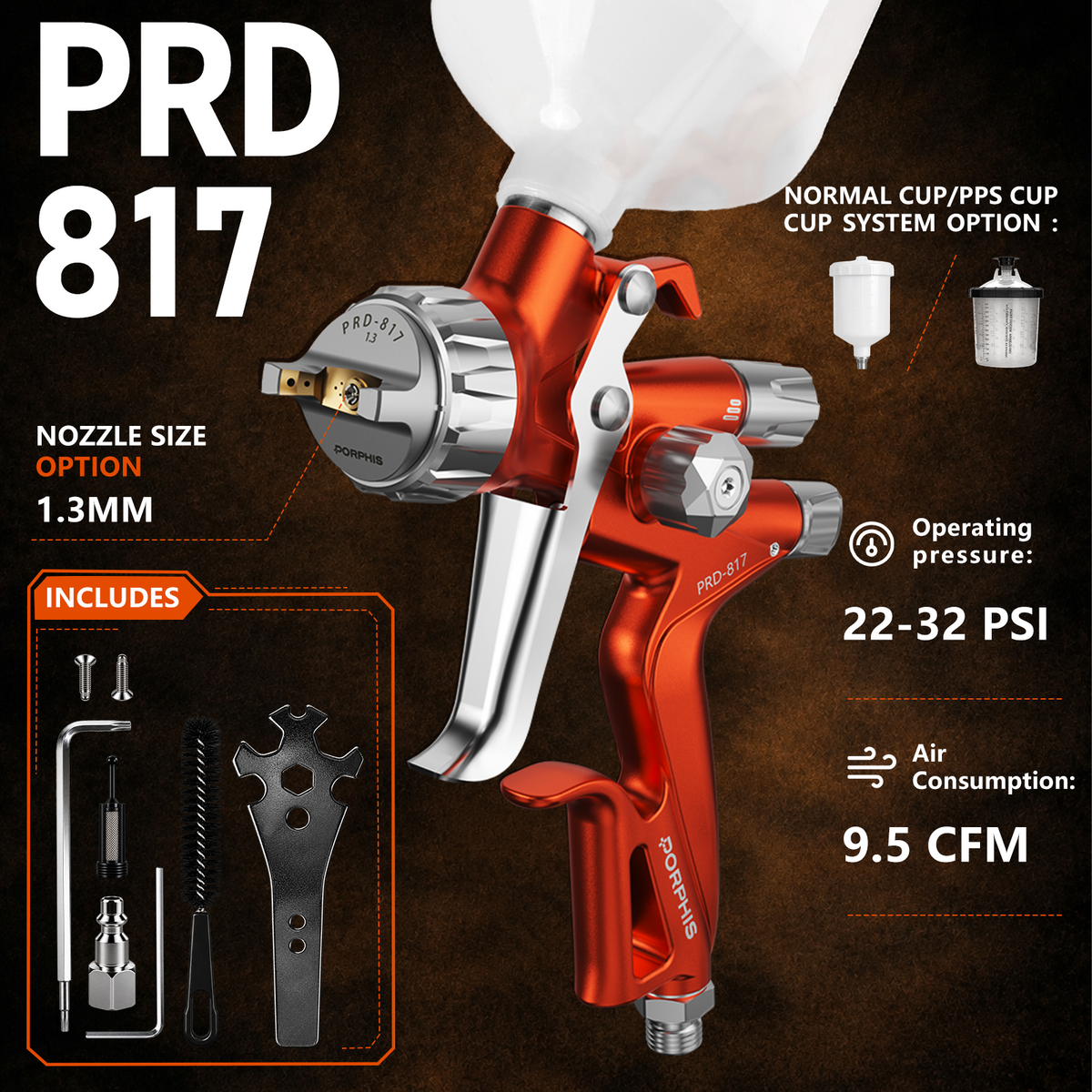 Porphis PRD-817 Spray Gun 1.3mm Split Nozzle - Orange